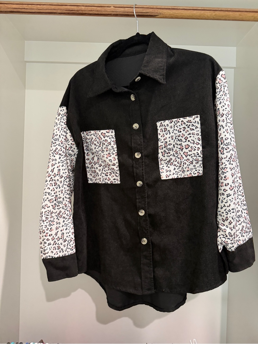Black Button-Front Shirt with White Leopard Print Accents